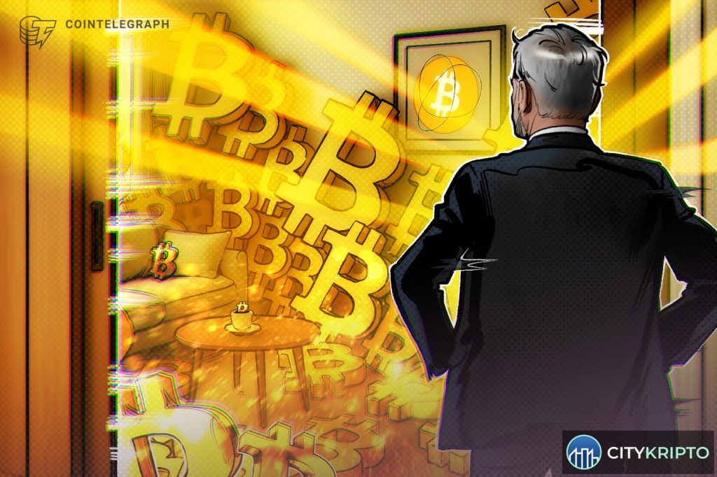 График Bitcoin и логотипы Grayscale и Strategy на фоне долларовых купюр