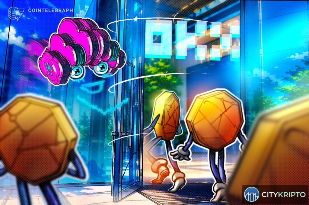 Логотип OKX и AI-агенты на фоне блокчейн-сети