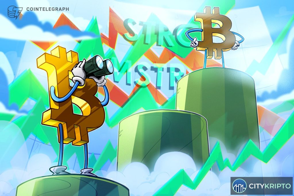 Strategy Bitcoin capital framework chart with MSTR stock price and Benchmark target