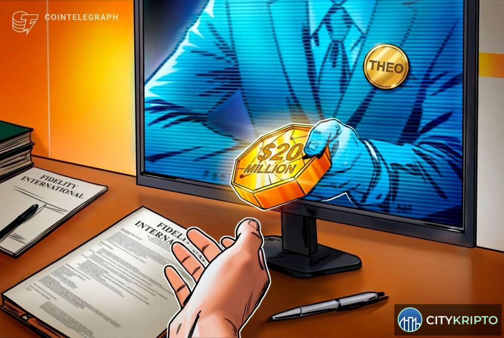 Логотипы Theo и Fidelity на фоне графиков криптовалют и традиционных активов