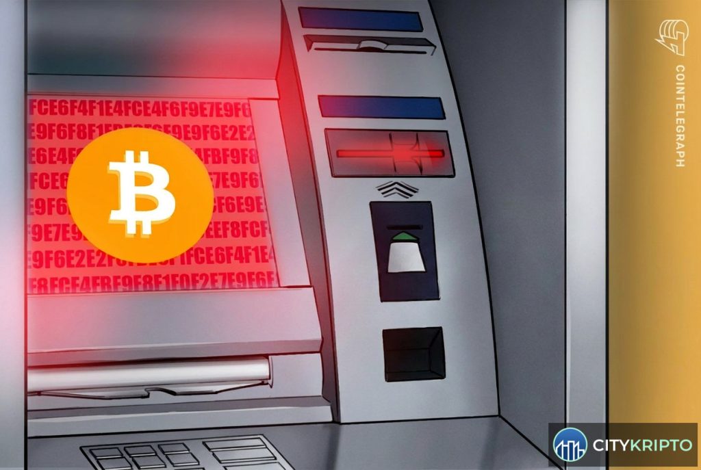 Криптомат с надписью Bitcoin, на фоне флагов штатов Теннесси и Джорджия