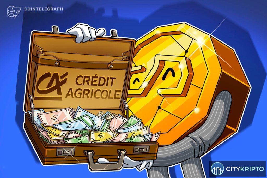 Логотип Crédit Agricole и стейблкоин EURXT на фоне блокчейна Ethereum