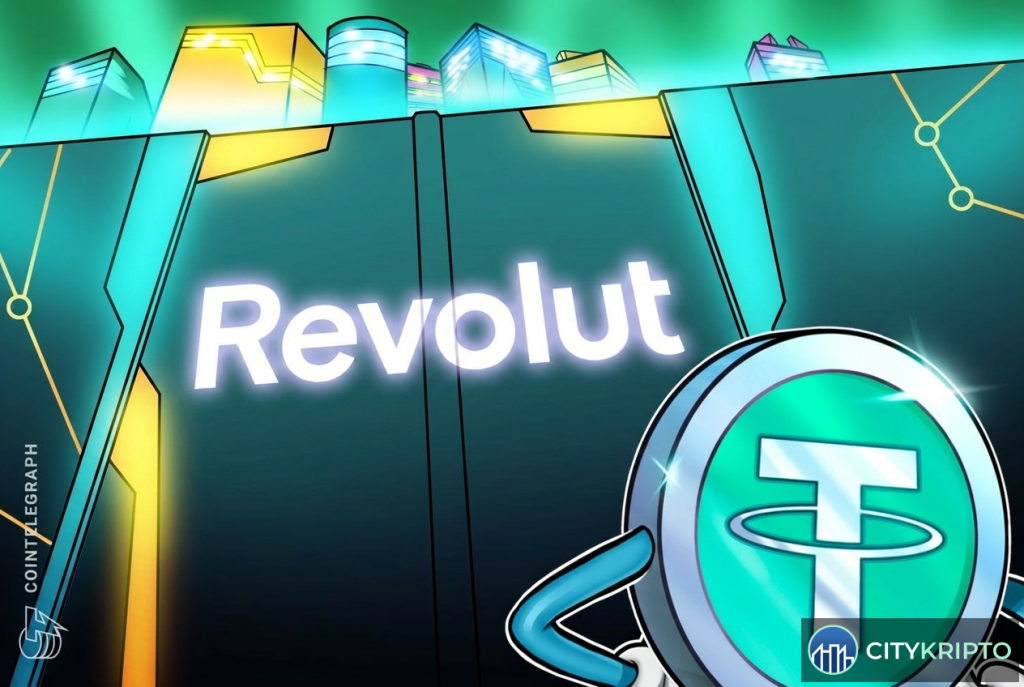 Логотип Revolut на фоне графика курса USDT и Bitcoin