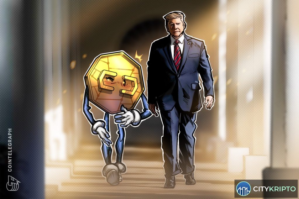 Дональд Трамп на фоне биткоина и криптовалютных символов