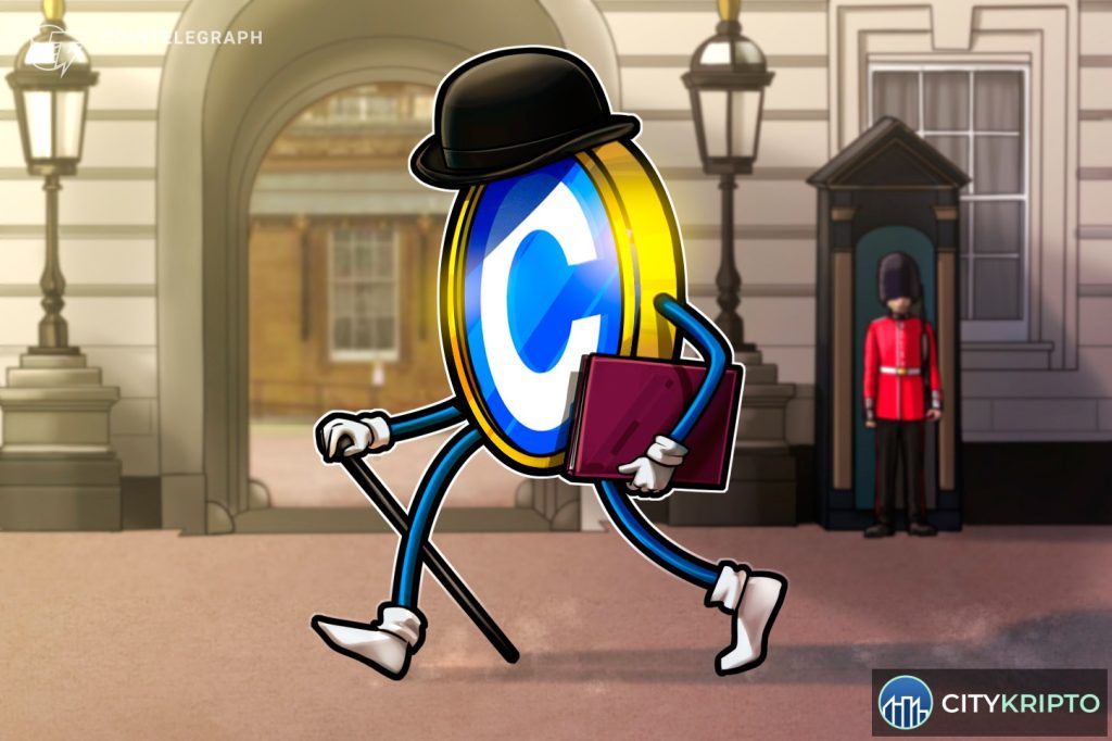 Логотип Coinbase на фоне небоскребов Лондона