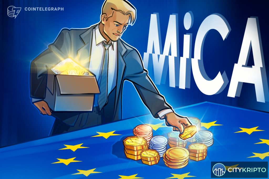 График курса стейблкоинов и документы MiCA на фоне флага ЕС