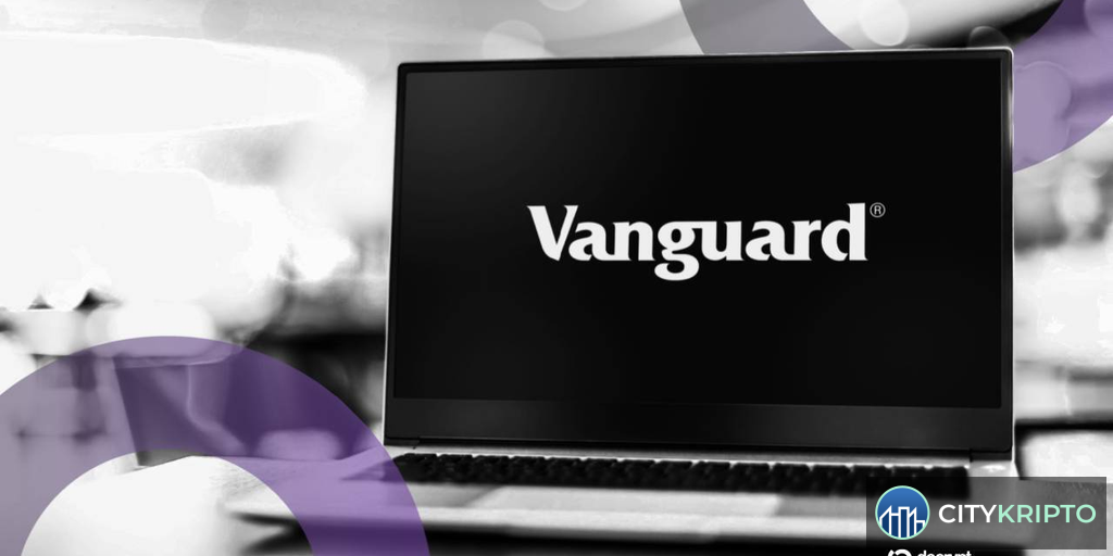 График падения Bitcoin на фоне геополитики и логотип Vanguard