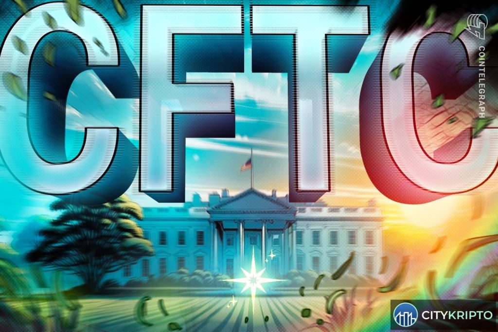 Здание Белого дома и логотипы SEC и CFTC на фоне графика Bitcoin