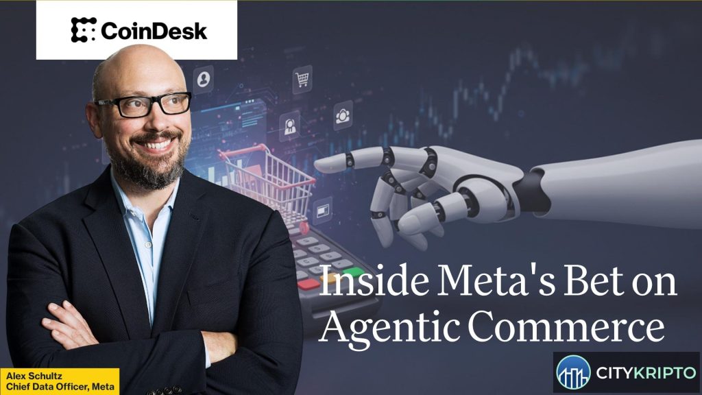 Логотип Meta на фоне цифровых монет и схемы AI-агентов