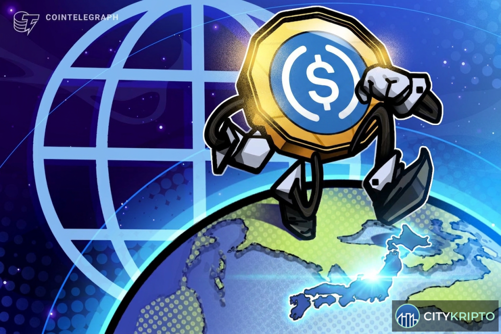 Логотипы JCB и Circle на фоне японского флага и символа Bitcoin