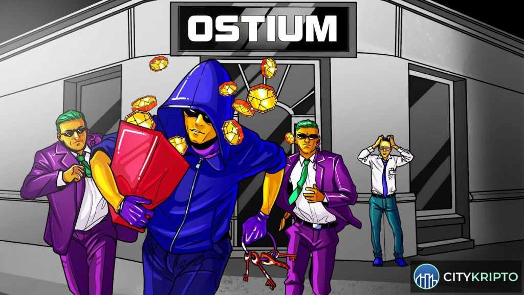 Экран с графиком криптовалют и надписью Ostium на фоне предупреждения о безопасности