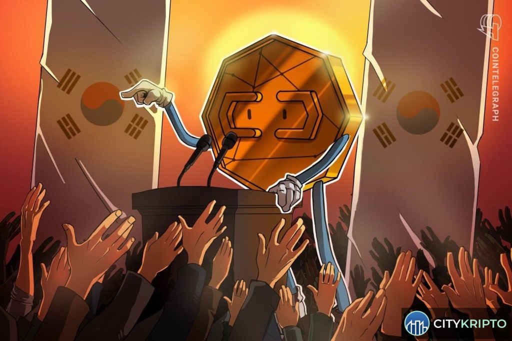 Флаг Южной Кореи и символ Bitcoin на фоне графиков криптовалют