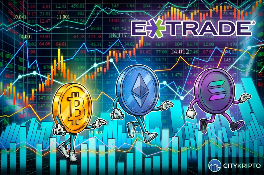 Логотип E*TRADE и Morgan Stanley на фоне графиков криптовалют