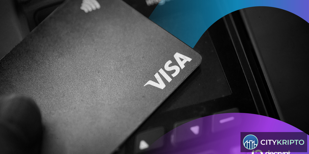 Логотип Visa и изображение стейблкоина на фоне графика роста криптовалют