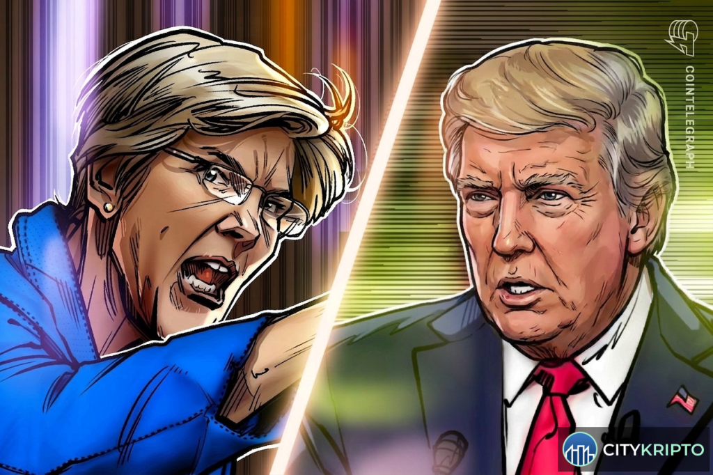 Сенатор Элизабет Уоррен и Дональд Трамп на фоне биткоина и долларов