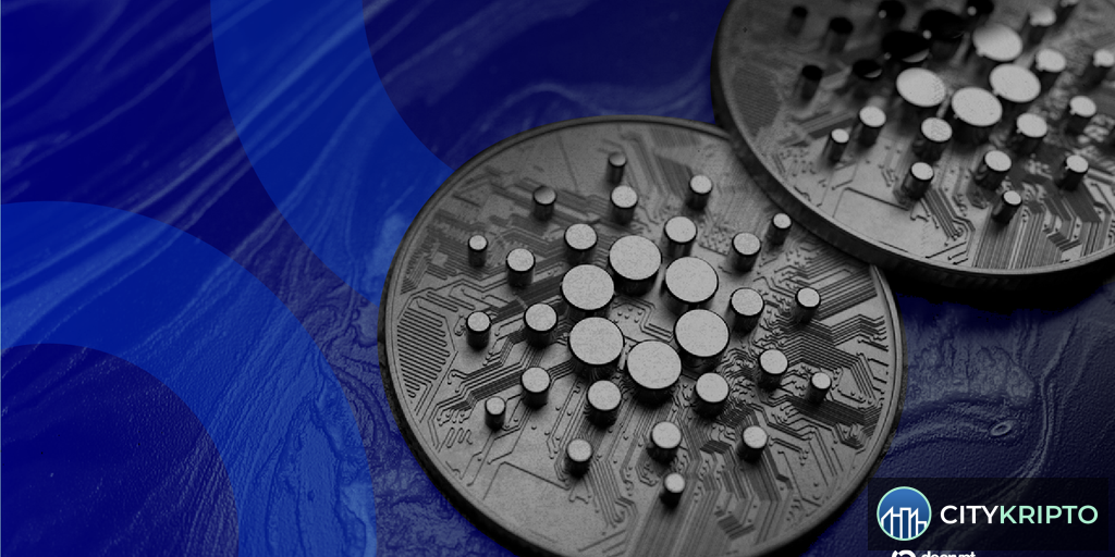 Карта Cardano с надписью Chang hardfork на фоне графика курса ADA