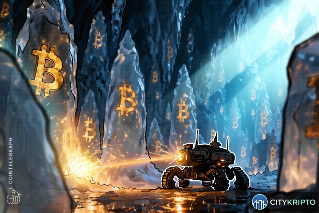 Логотип CoinShares на фоне графика Bitcoin и шахтеров майнинга