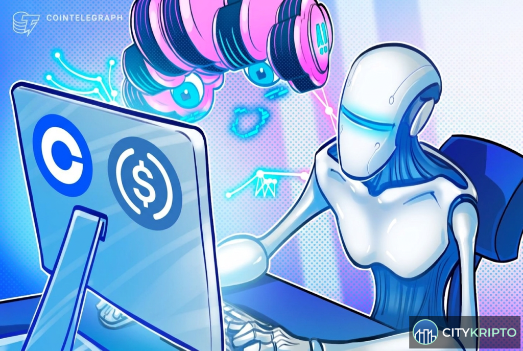 Логотип Coinbase на фоне схемы взаимодействия AI-агентов и бизнеса с USDC