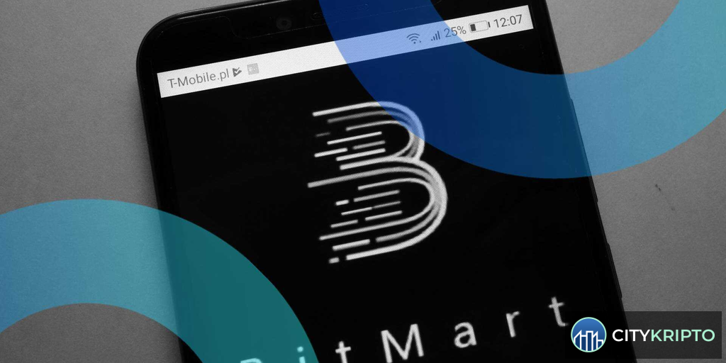Логотип BitMart на фоне графика курса Bitcoin