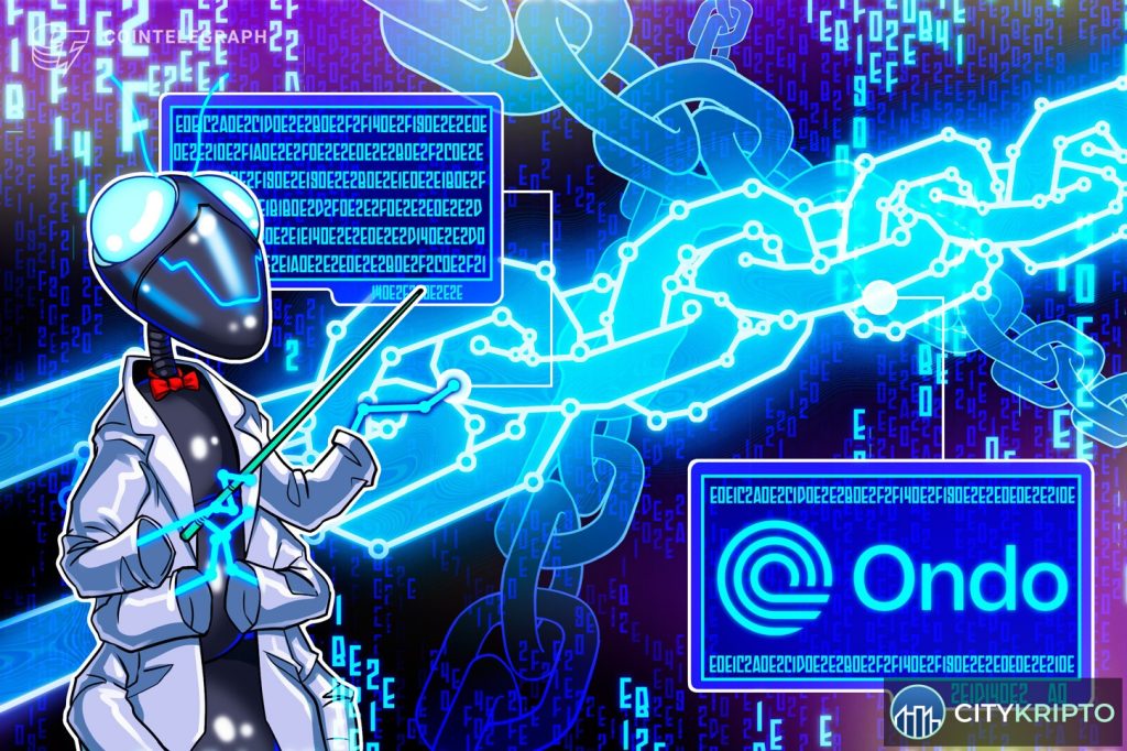 Логотип Ondo на фоне схемы офчейн-сети исполнения