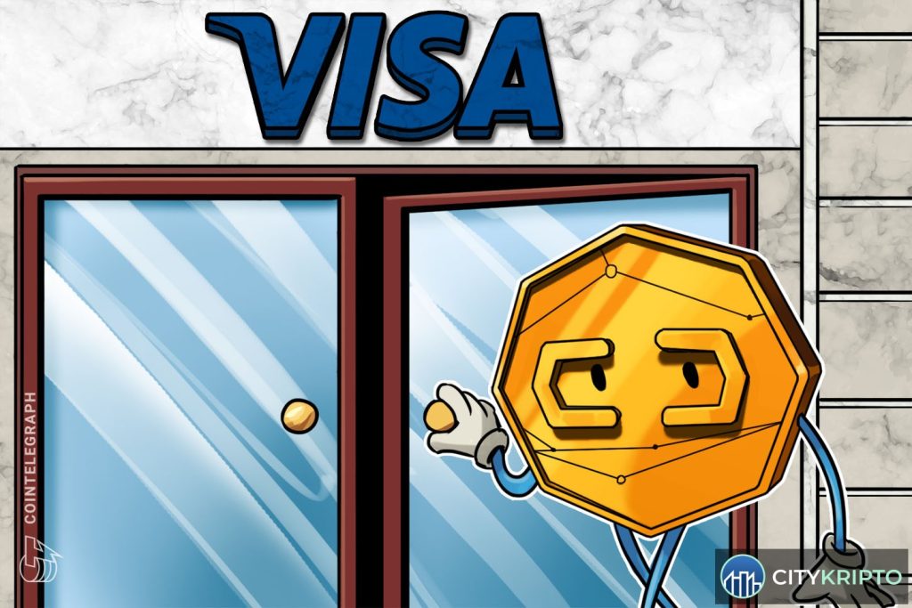 Логотип Visa на фоне цифровых монет и графиков