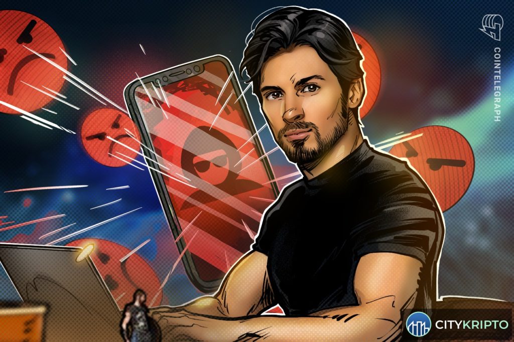 Павел Дуров на фоне логотипа Telegram и графиков криптовалют