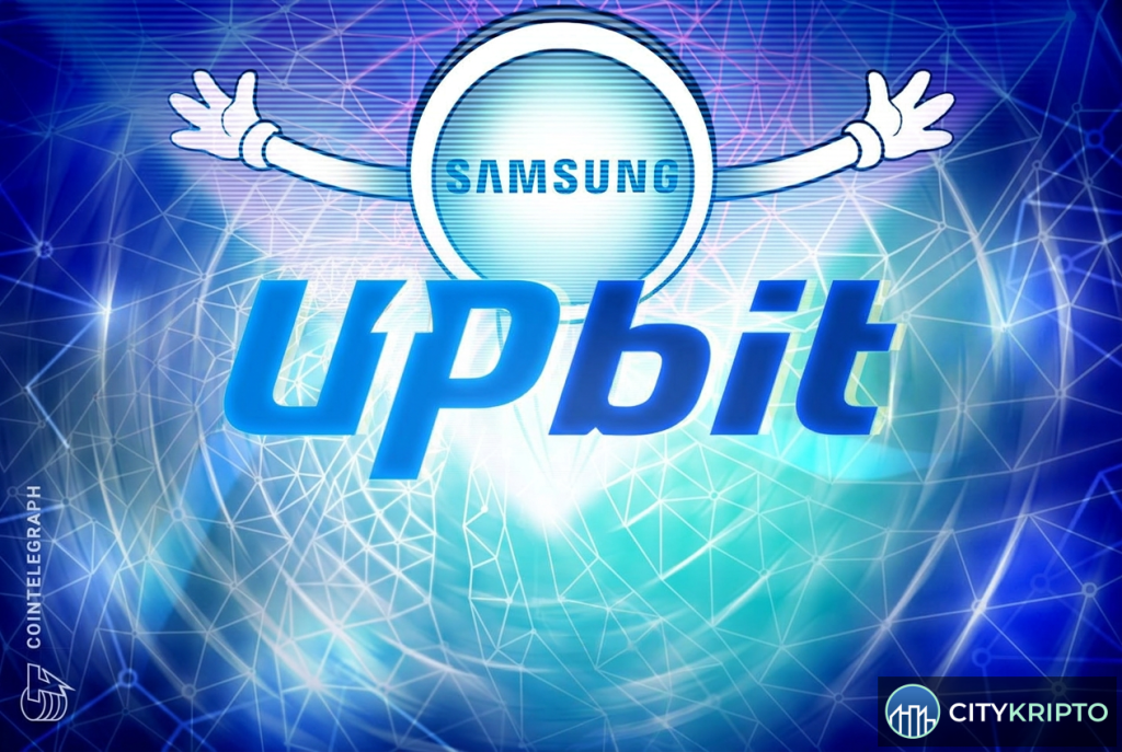 Логотипы Samsung SDS и Upbit на фоне блокчейн-сети