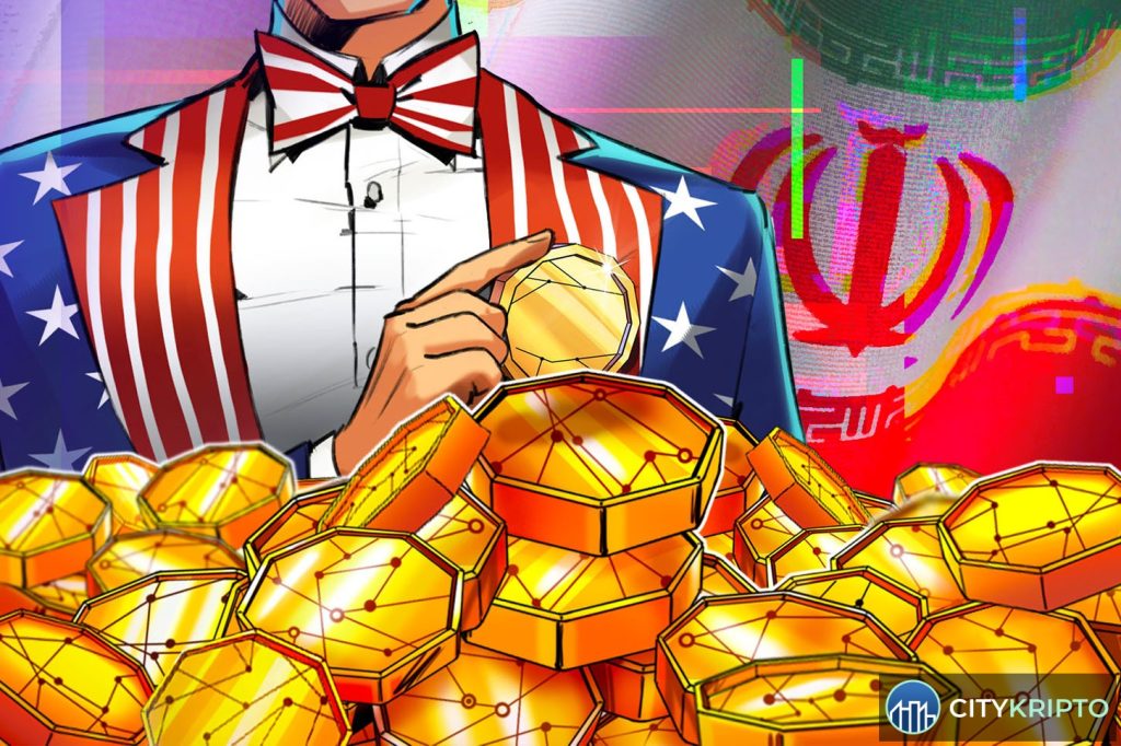 Флаг США и Bitcoin на фоне карты Ирана