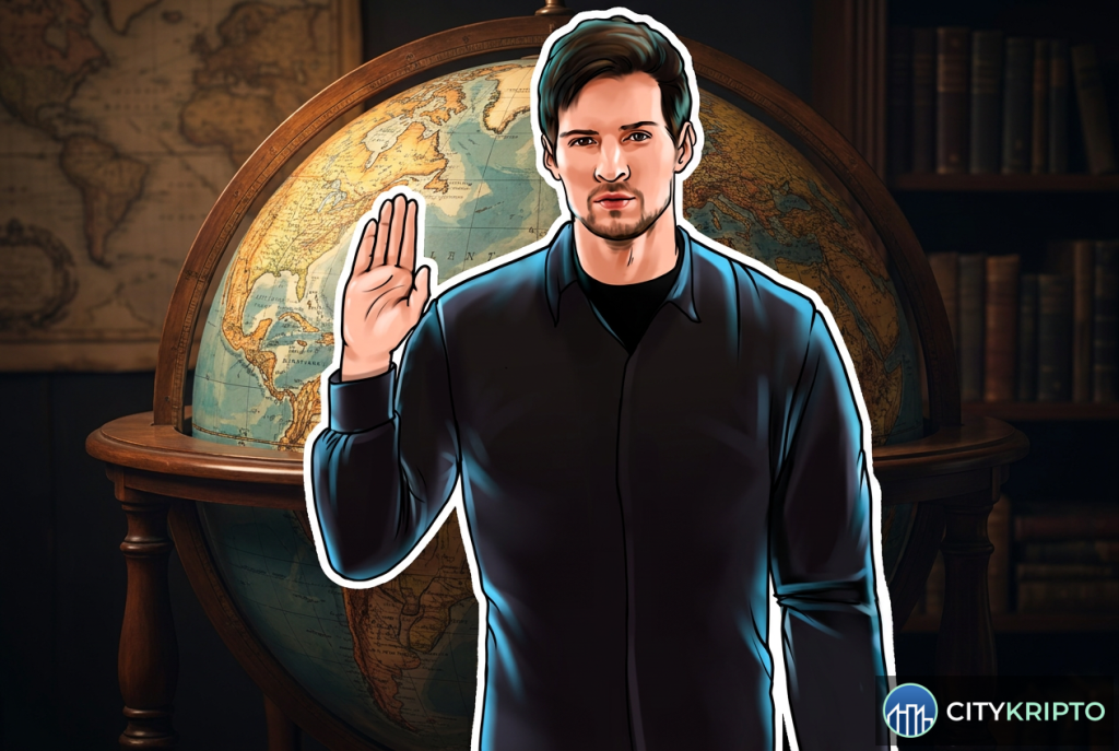 Павел Дуров на фоне логотипа Telegram и Bitcoin