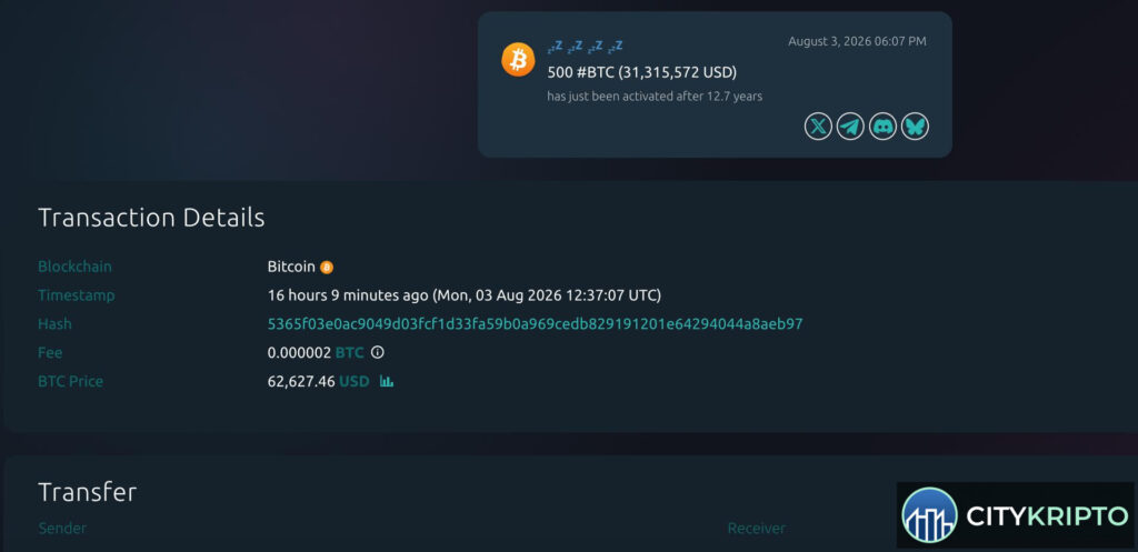 График биткоина и старый кошелек, переводящий $31 млн