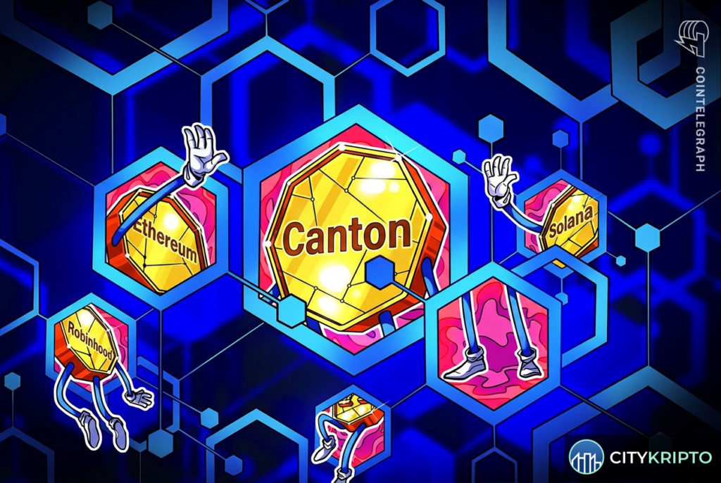 Схема кросс-чейн своп-движка FalconX и Interstice Connect, соединяющего Canton с Ethereum, Solana и Robinhood Chain