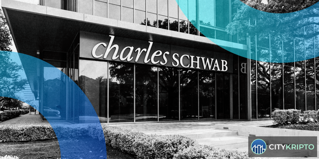 Логотип Charles Schwab на фоне графиков криптовалют