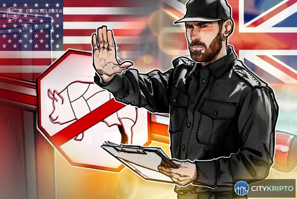 Флаг США и Великобритании на фоне биткоина, символизирующий совместную борьбу с крипто-мошенничеством