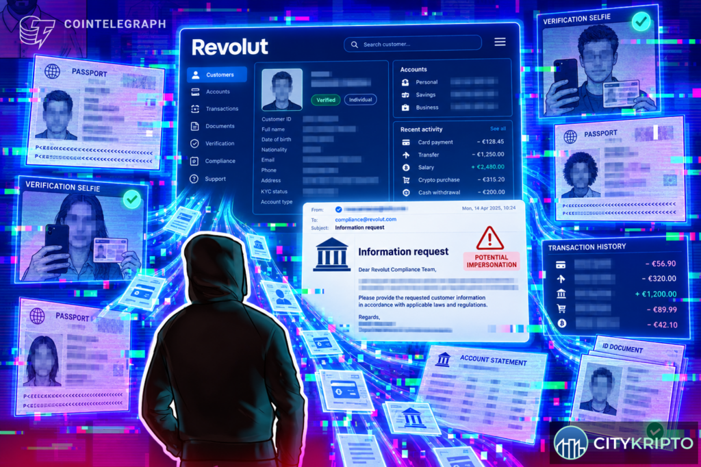 Смартфон с логотипом Revolut и предупреждение об утечке данных