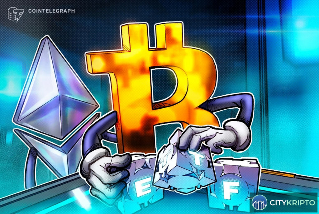 График изменения притоков и оттоков Bitcoin и Ether ETF за неделю