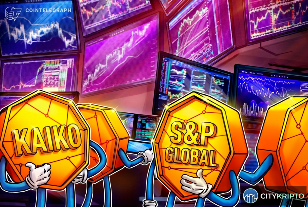 Логотипы S&P Global и Kaiko на фоне графика криптовалют