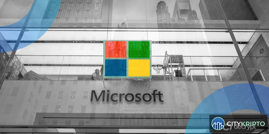 Логотип Microsoft на фоне абстрактного изображения искусственного интеллекта