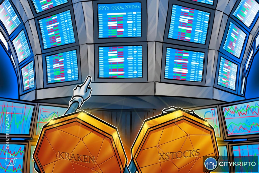 Логотип Kraken и график роста доходности на токенизированные акции и ETF