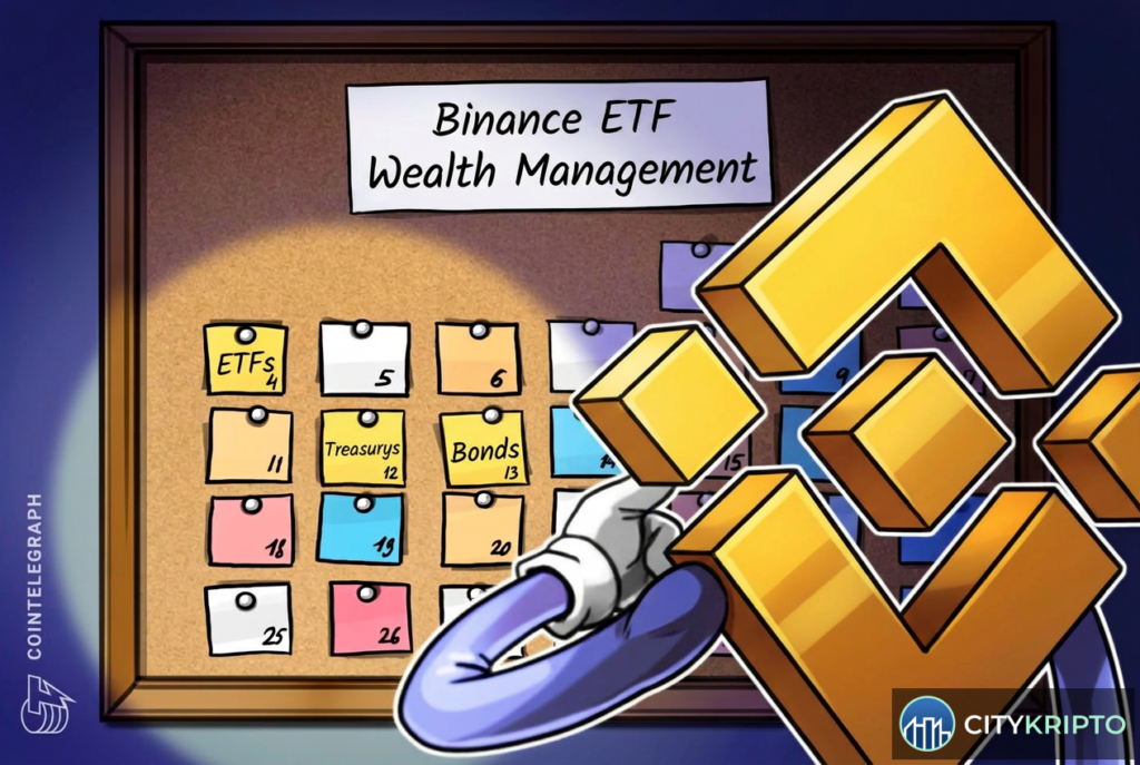 Логотип Binance на фоне графиков ETF и облигаций США