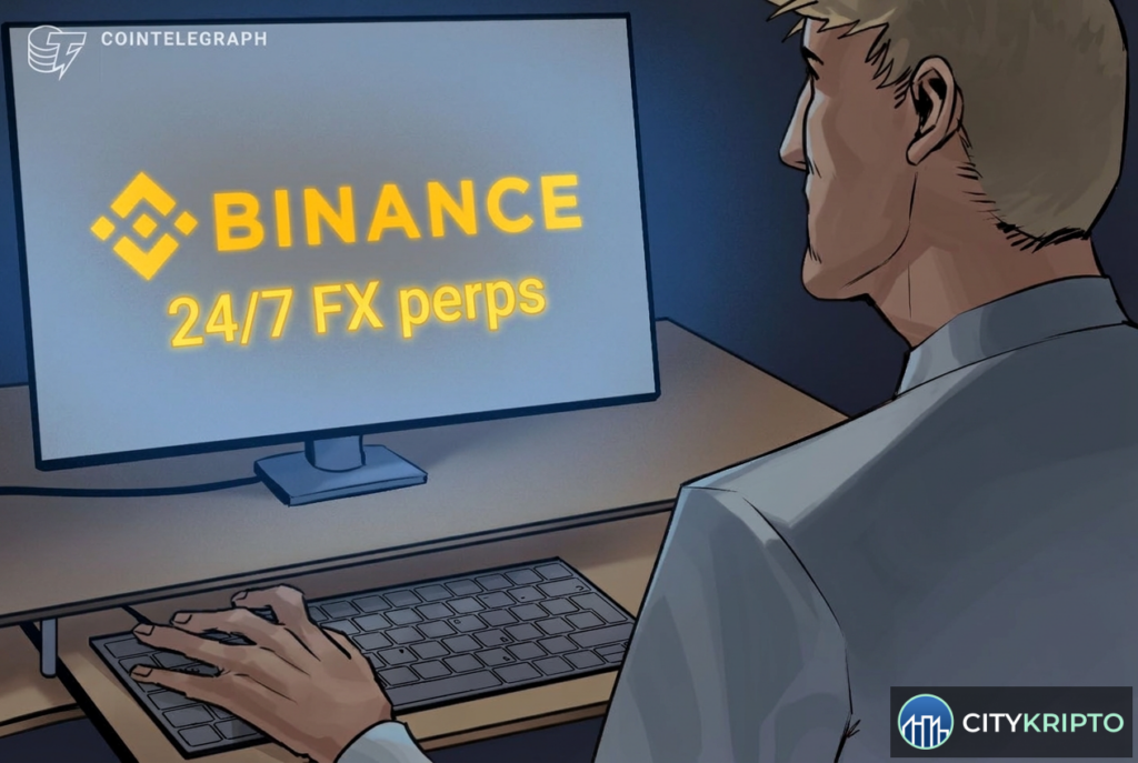 Логотип Binance на фоне графика валютных пар с надписью 24/7