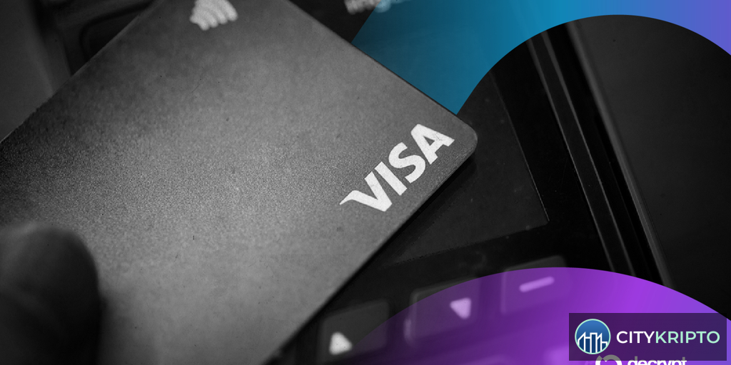 Логотип Visa и мемкоины на фоне кредитной карты