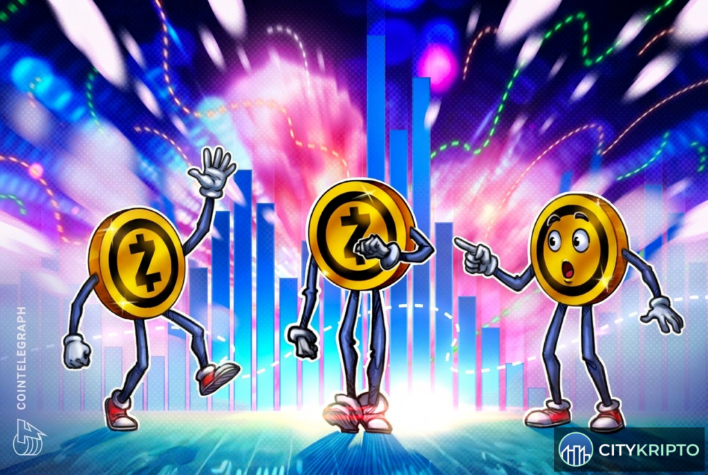 Логотип Grayscale и график роста акций Zcash ETF на фоне криптовалютного рынка