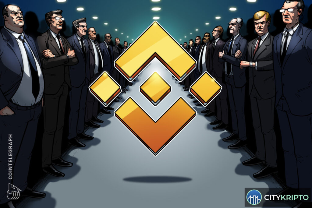 Здание прокуратуры Манхэттена на фоне логотипа Binance