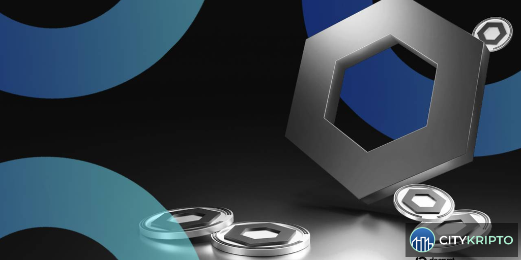 Логотип Chainlink и схема кросс-чейн перевода с банковскими проверками безопасности