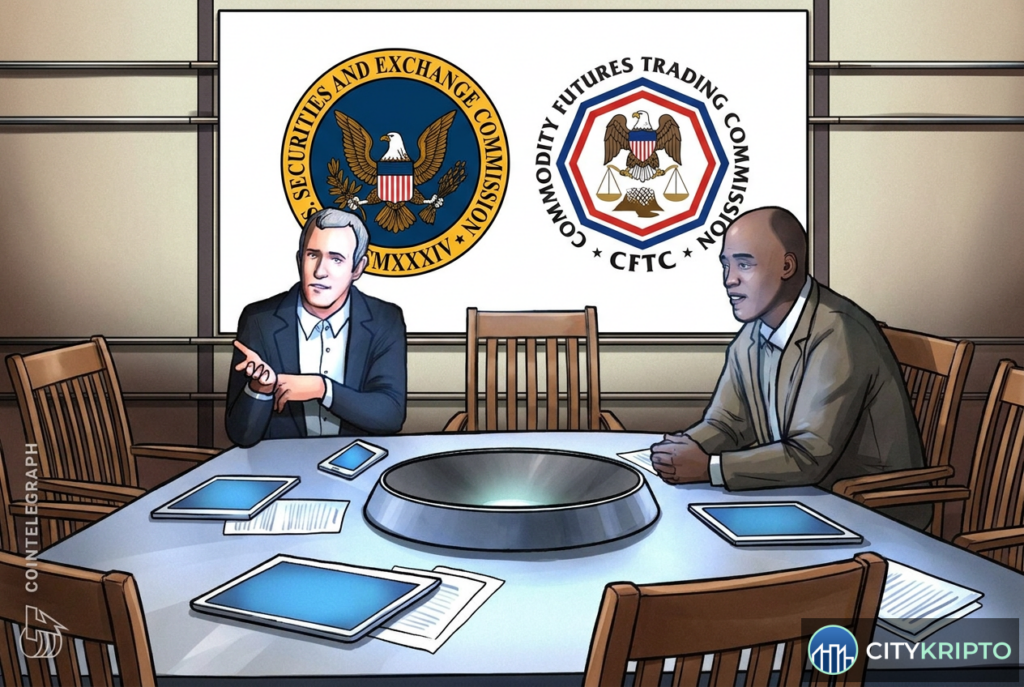 Здание SEC и CFTC на фоне графиков криптовалют