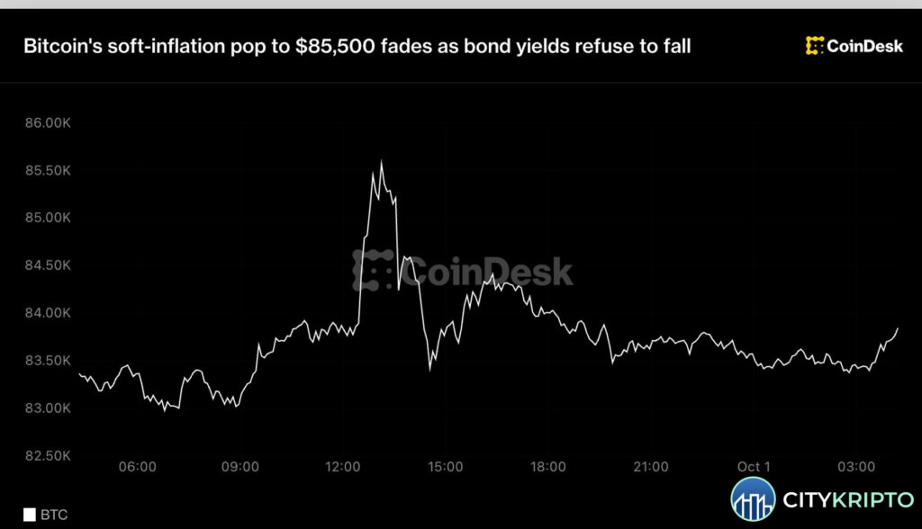 График биткоина с пиком выше $85 500 и последующим снижением на фоне роста доходности облигаций