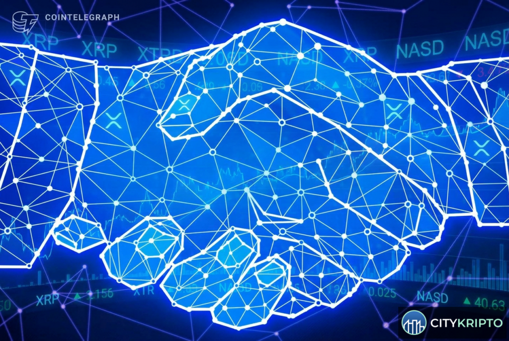 Логотип Evernorth и символ XRP на фоне биржевого графика Nasdaq