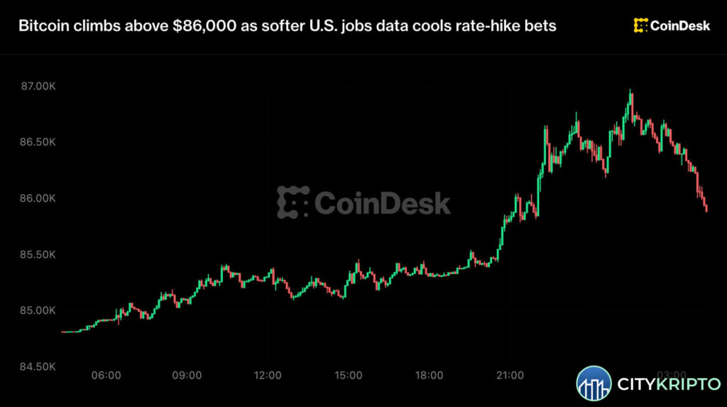 График роста Bitcoin к $87 000 с последующим разворотом вниз
