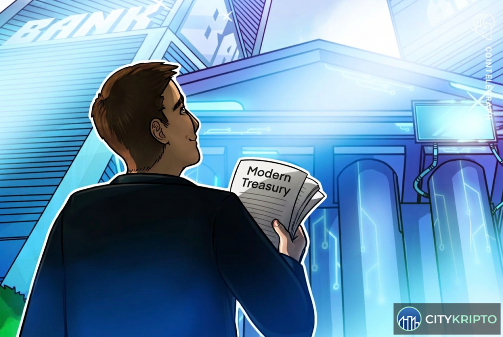 Логотип Modern Treasury на фоне финансовых графиков и символов криптовалют