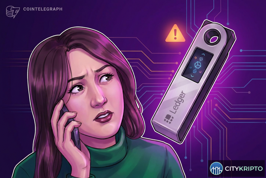 Аппаратный кошелёк Ledger и логотип CryptoBilis на фоне криптовалютных графиков